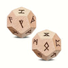 Two wooden polyhedral dice with runic symbols on a white background