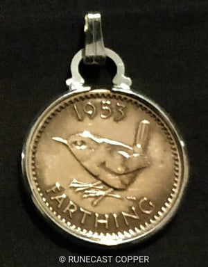 Jenny Wren Farthing Pendant, Old British Coin Necklace,18" Sterling Silver Chain
