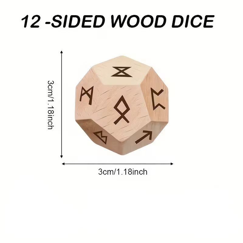 Wooden dodecahedron dice with measurements on a white background