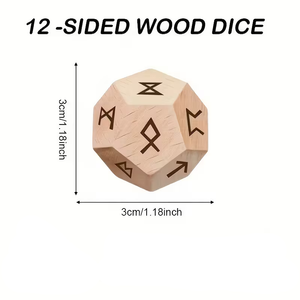Wooden dodecahedron dice with measurements on a white background