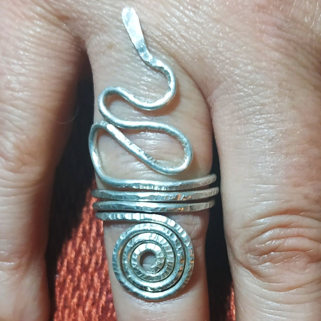 Tantric Kundalini Snake Ring, Filled Silver Hammered Finish Coiled Serpent Kundalini Energy Ring Hatha Yoga Jewellery