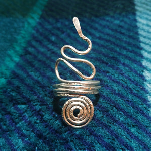 Tantric Kundalini Snake Ring, Filled Silver Hammered Finish Coiled Serpent Kundalini Energy Ring Hatha Yoga Jewellery