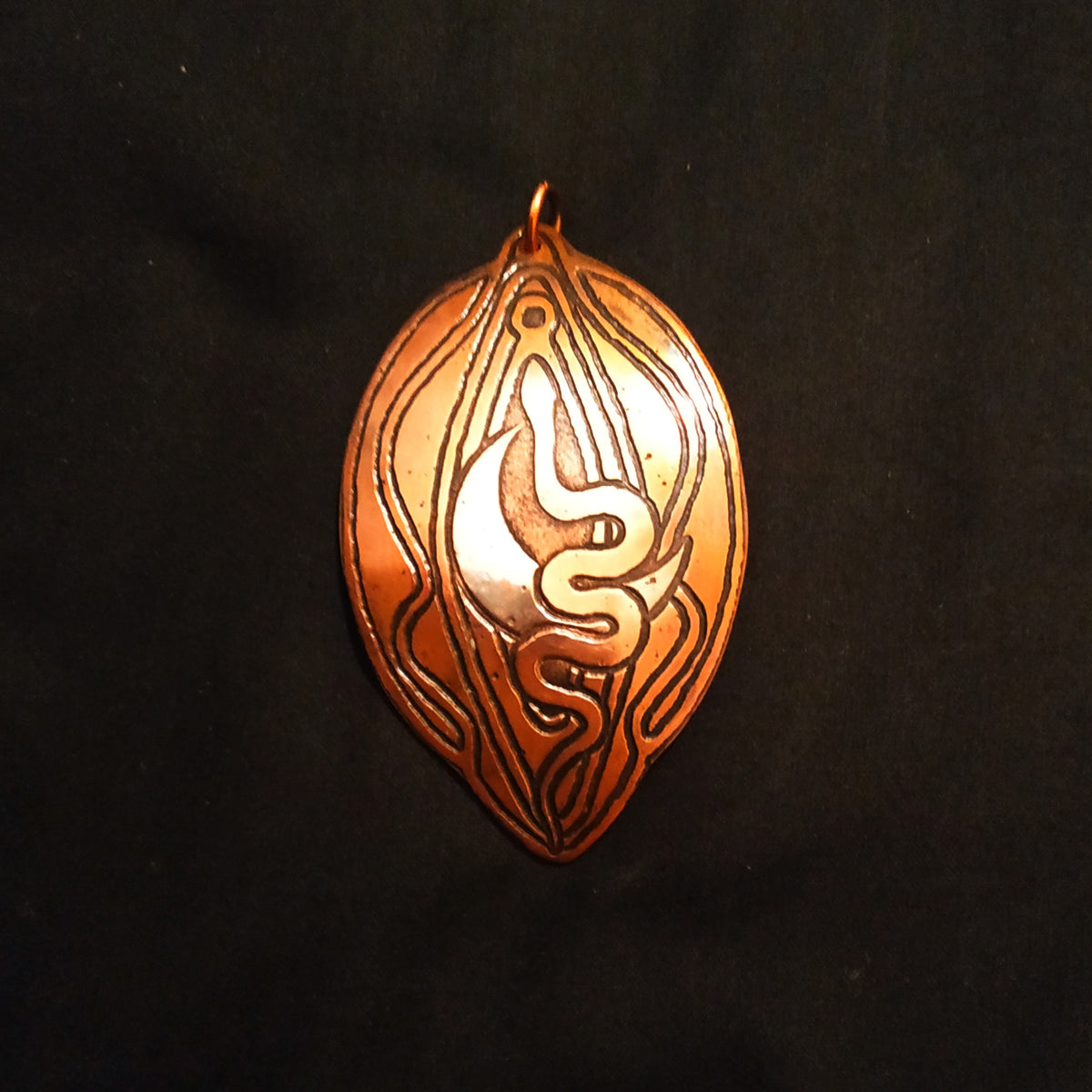 Tantric Yoni Kundalini Snake Waxing Moon Copper Pendant, Divine Femini