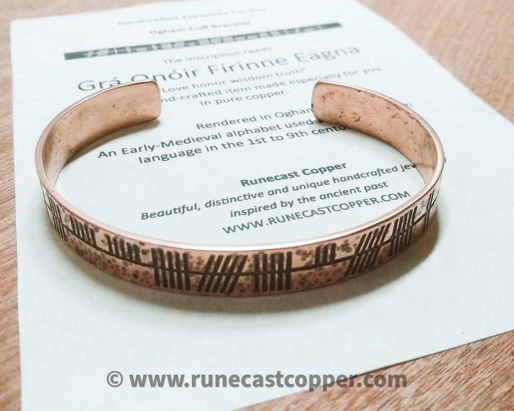 "Love Honour Wisdom Truth" Celtic Ogham Druid Cuff Bracelet in copper