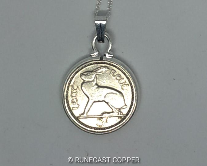 Irish Hare Three Pence Coin Pendant, Old Irish Thruppence Coin Necklace,18" Sterling Silver Chain