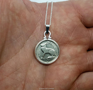 Irish Hare Three Pence Coin Pendant, Old Irish Thruppence Coin Necklace,18" Sterling Silver Chain