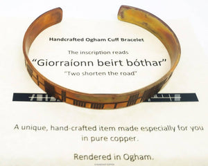 Irish Charm Celtic Tree Ogham Cuff Bracelet in copper St. Patrick's DAY, Giorraíonn beirt bóthar”, “two shorten the road"