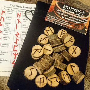 Elder Futhark Runes Complete Kit (wooden runes, bag, casting cloth, cord, guide book and info-sheet)