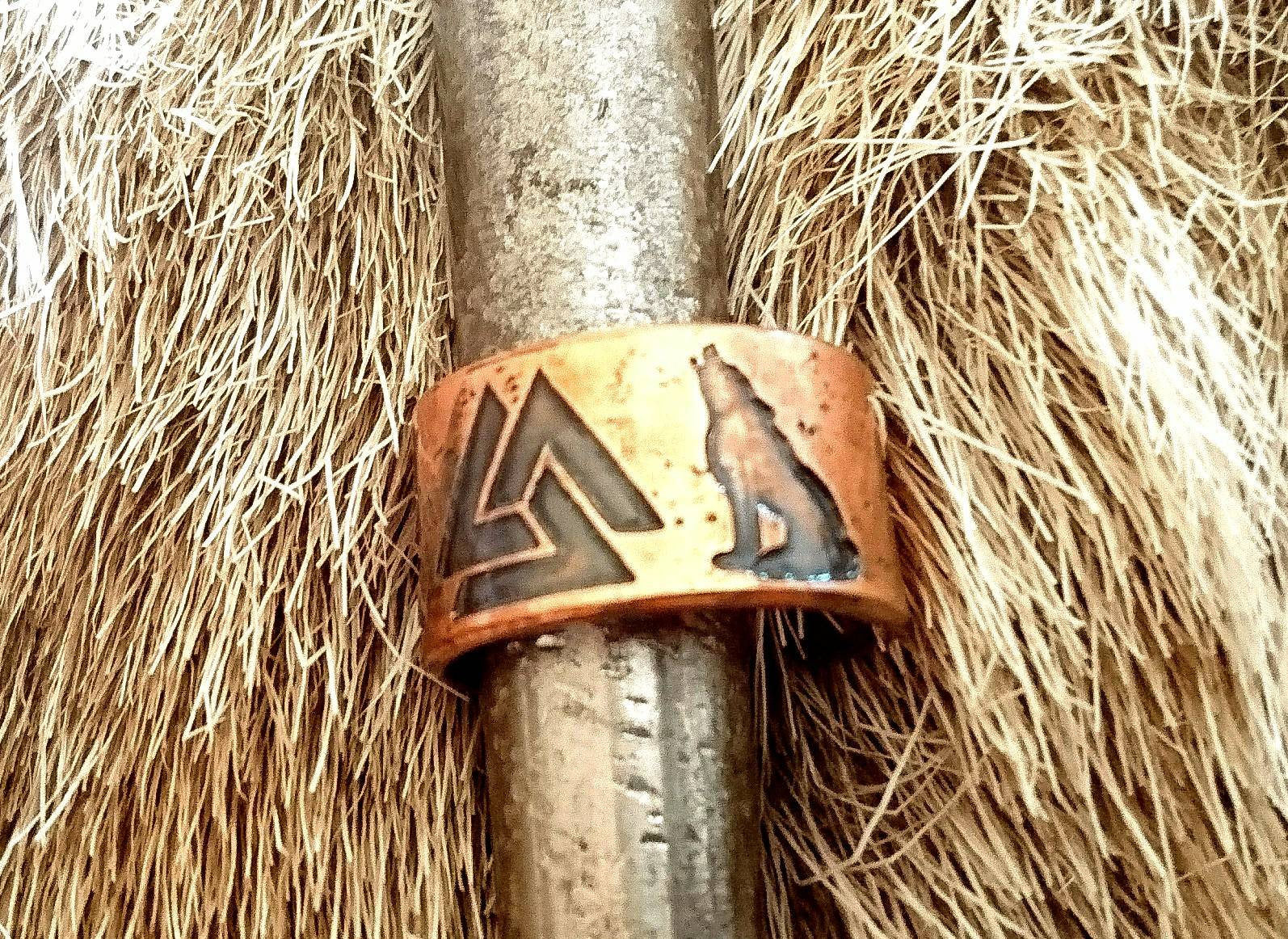 Norse Valknut Ring with Wolves (Geri and Freki) or Ravens (Hugin and Munin) Ring copper bronze brass viking wolf pagan heathen