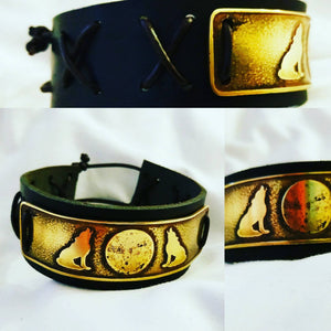 Wolves and Moon Brass and Leather Cuff Bracelet. Vikings, Norse, Pagan, biker.