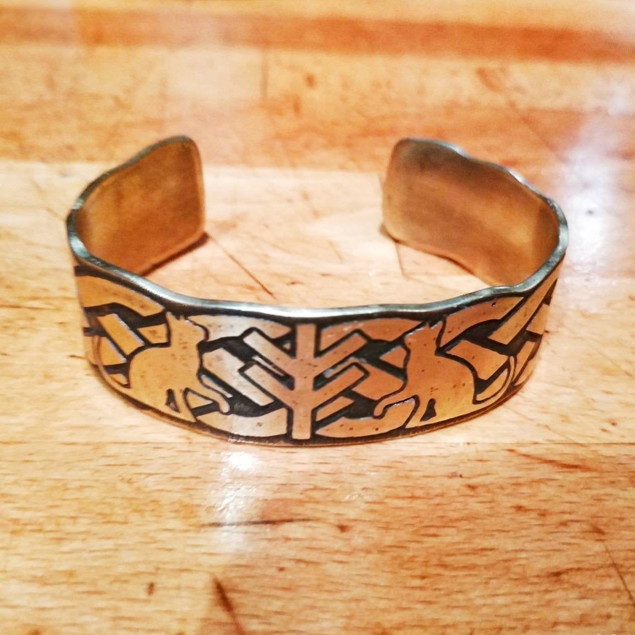 Freyja Fehu/Algiz Rune and Cats Cuff Bracelet in Bronze, Copper or Brass Viking, Norse. Pagan Heathen Wedding Handfasting