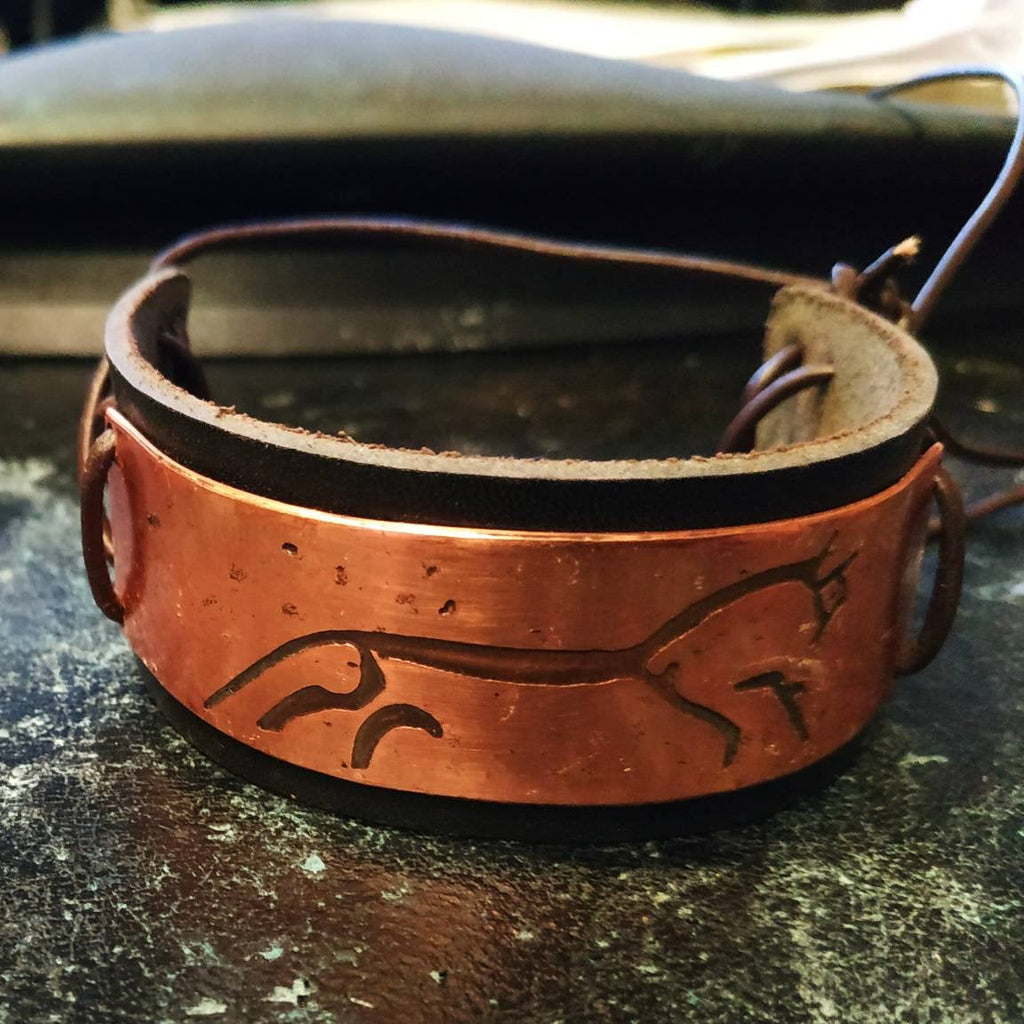 Uffington White Horse Copper or Brass and Leather Cuff Bracelet. Vikings, Norse, Pagan, biker.