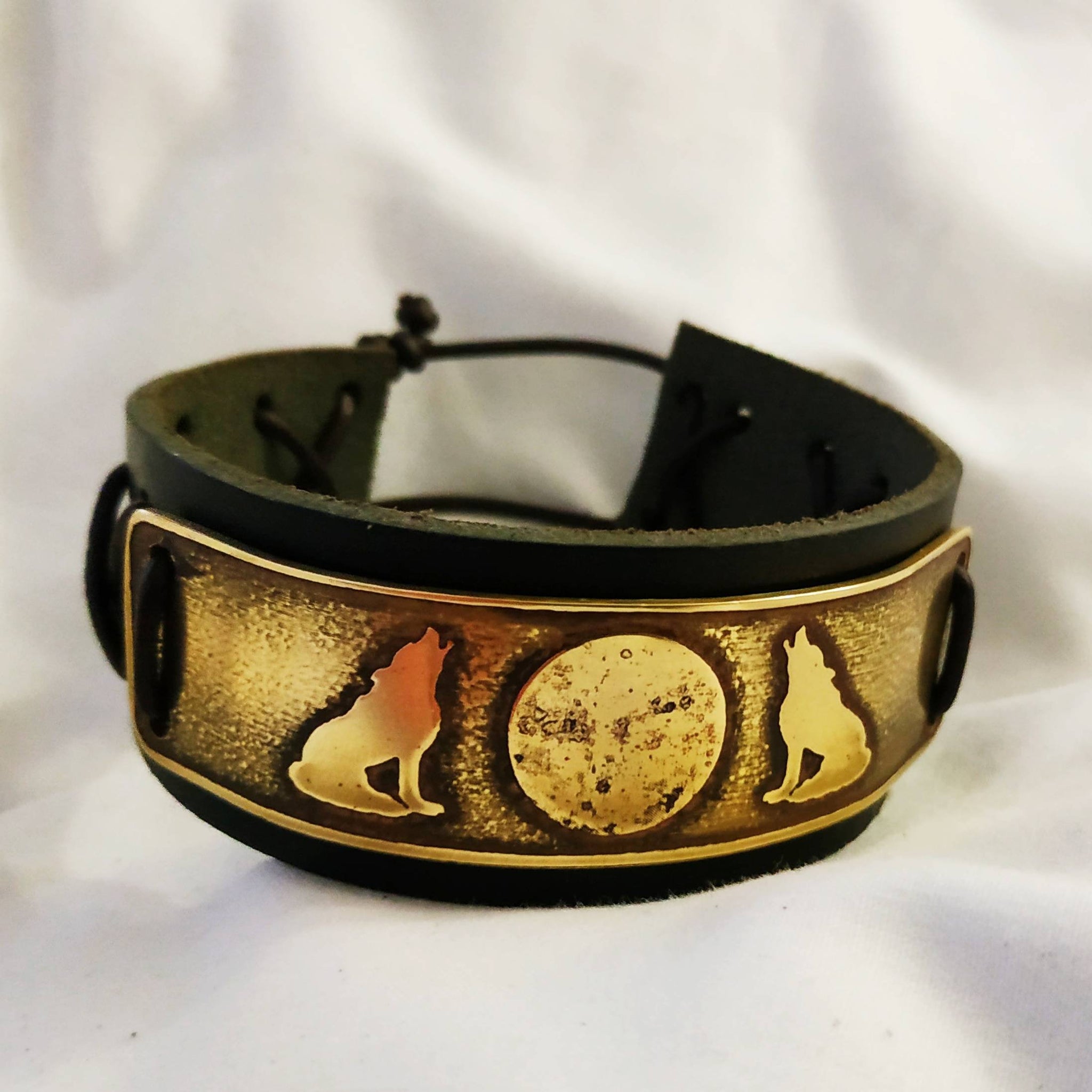 Wolves and Moon Brass and Leather Cuff Bracelet. Vikings, Norse, Pagan, biker.