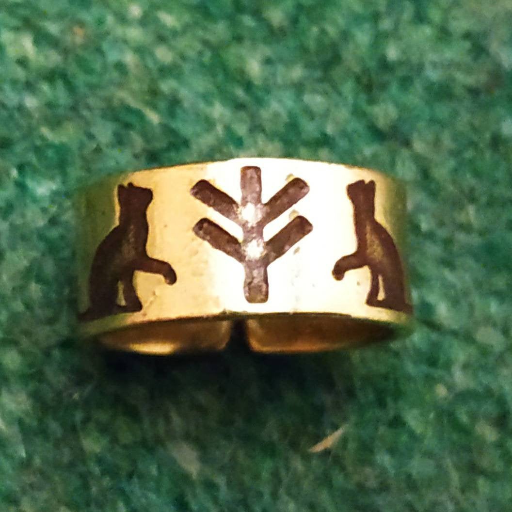 Freyja Fehu/Algiz Rune and Cats Ring in Bronze, Copper, Brass or Steel - Viking, Norse. Pagan Heathen Wedding Handfasting