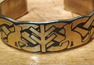 Freyja Fehu/Algiz Rune and Cats Cuff Bracelet in Bronze, Copper or Brass Viking, Norse. Pagan Heathen Wedding Handfasting
