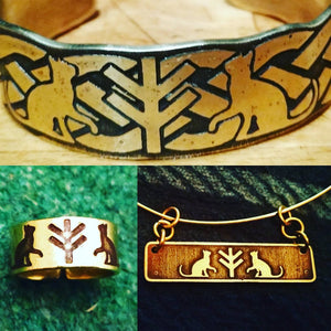 Freyja Fehu/Algiz Rune and Cats Pendant in Brass Viking, Norse. Pagan Heathen