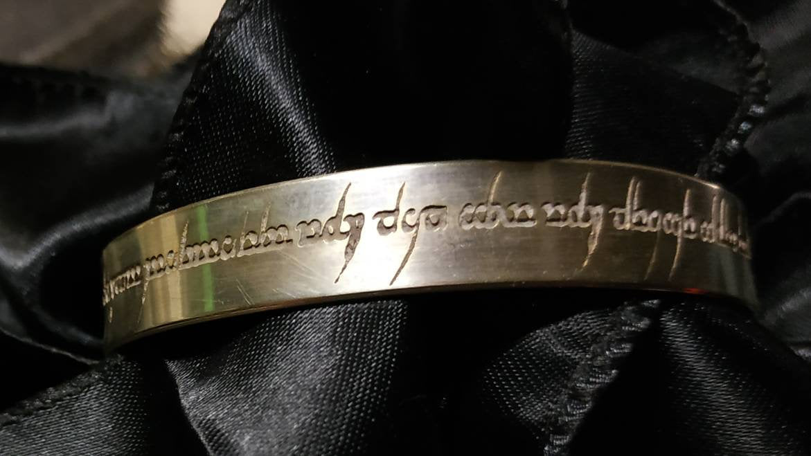 Elvish script silver plated brass cuff bracelet. Tengwar  script. Peter Pan quote.