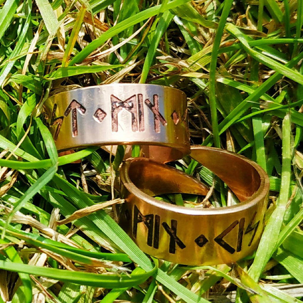 Matched Pair of "Kiss Me, My Love" Rings - Viking, Norse, Elder Futhark Runes in Bronze