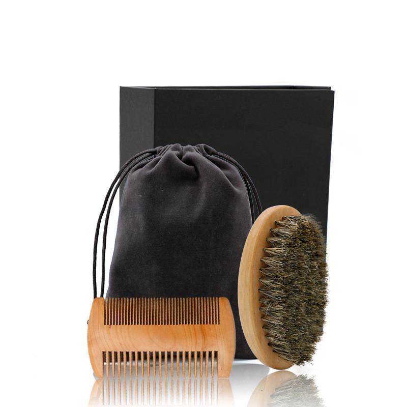 wooden boar bristle beard brush and comb set, mens special