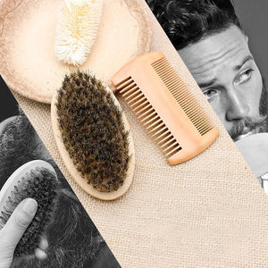 wooden boar bristle beard brush and comb set, mens special
