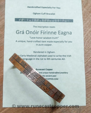"Love Honour Wisdom Truth" Celtic Ogham Druid Cuff Bracelet in copper
